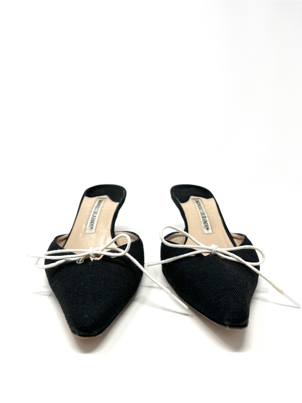 Vintage Manolo Blahnik Y2K Black Denim White Lace Up Bow Mules Kitten Heels 37.5 - Picture 3 of 9